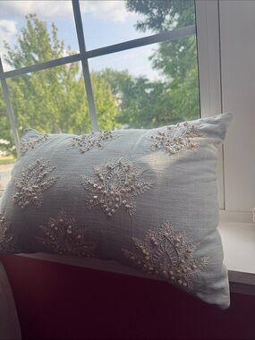 Embroidered Light Blue Accent Pillow with Ivory Appliqué